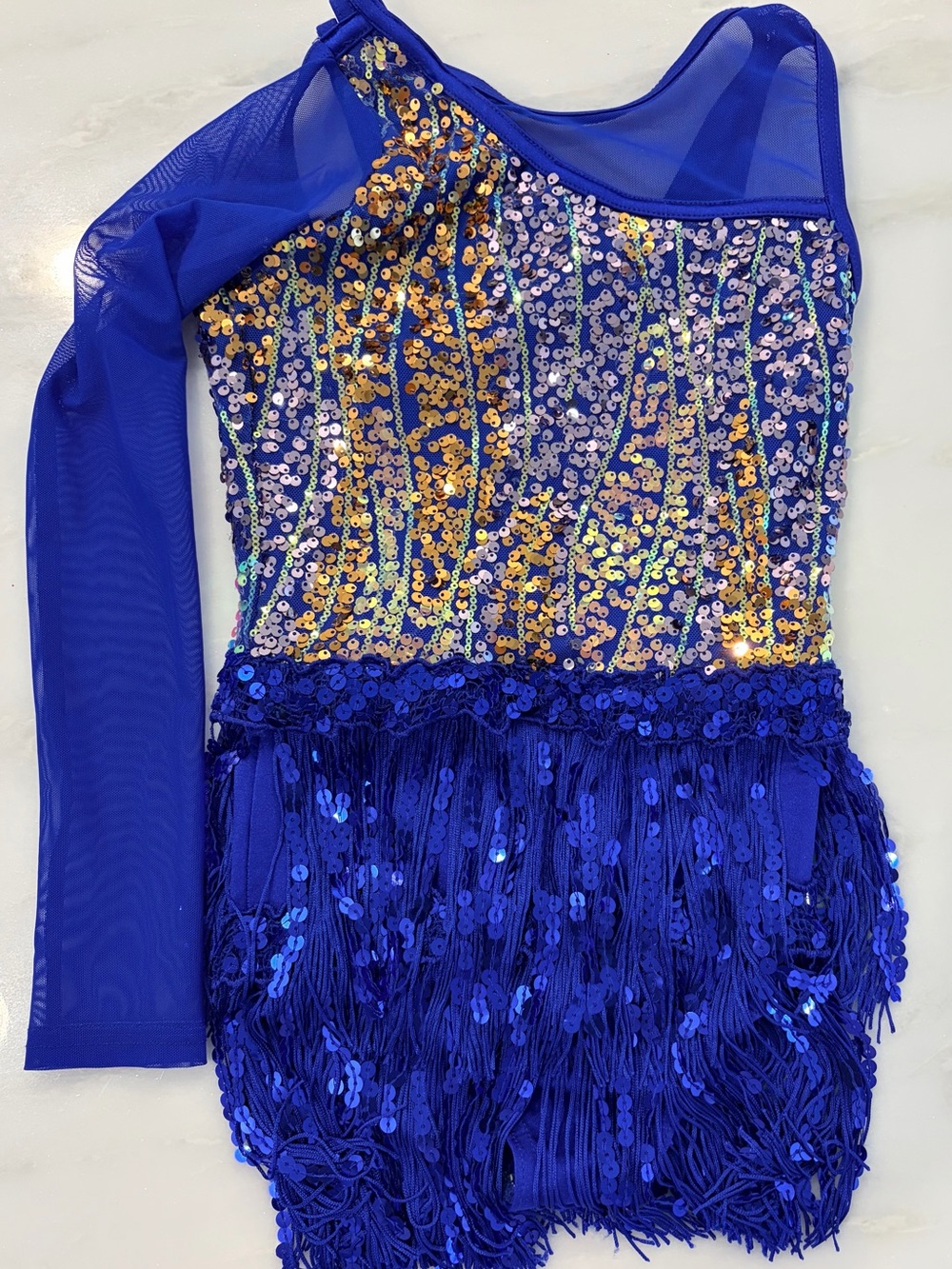 Weissman Royal Blue One-Shoulder Sequin & Fringe Dance Costume